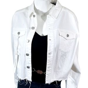 New with Tags Liverpool White Denim Frayed Hem Distressed Cropped Jacket Sz L